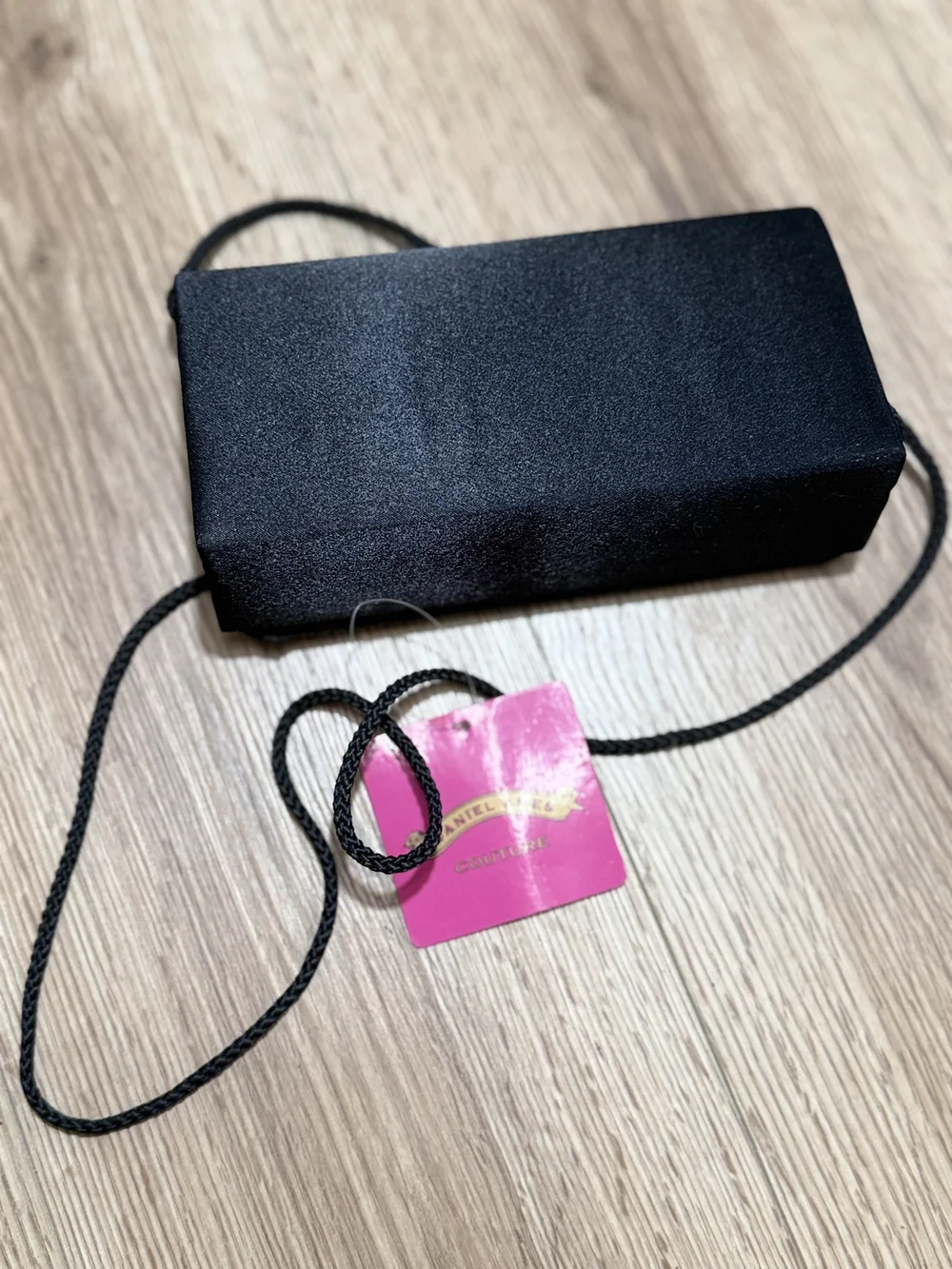 Black Satin Evening Clutch with Rhinestone Accent